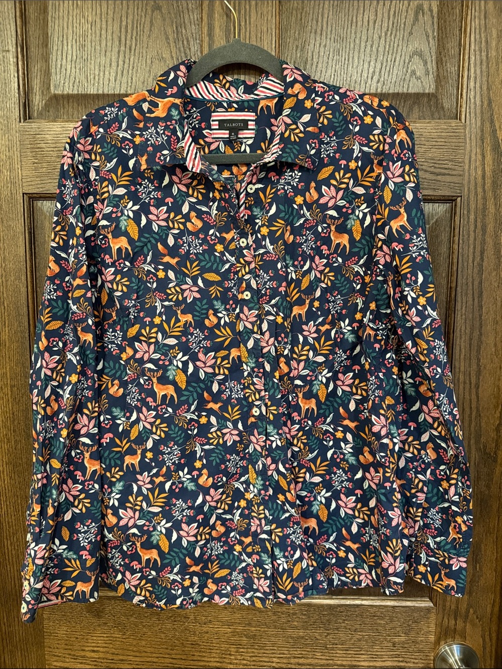 Talbots Navy Floral & Fox Print 100% Cotton Button-Up Shirt XL